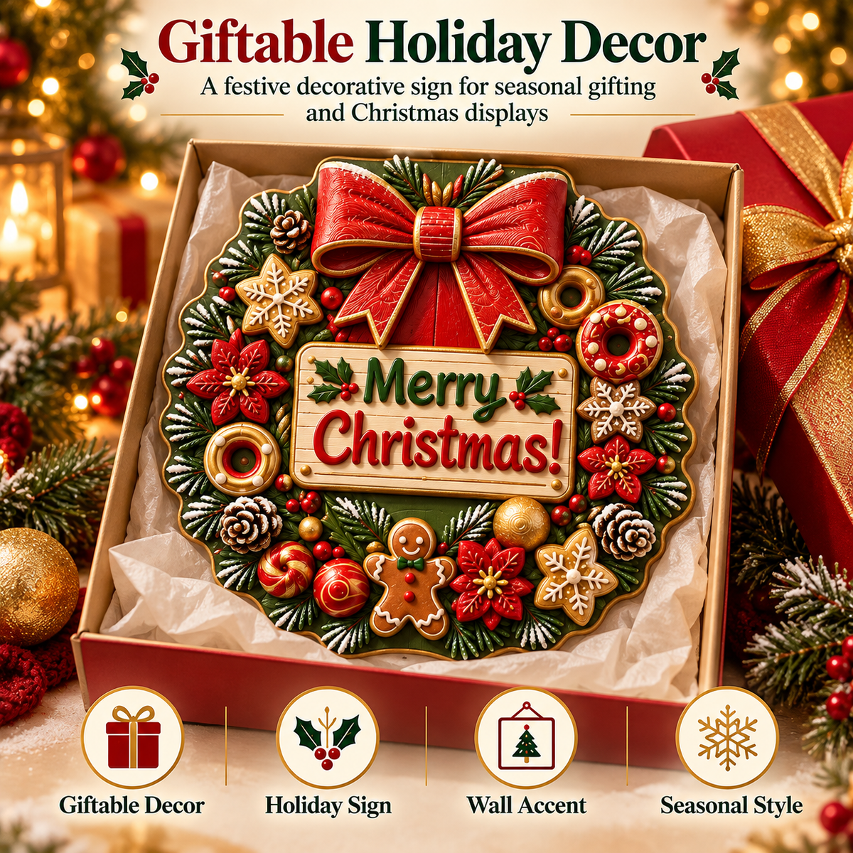 Merry Christmas Wreath Sign – 3D Printed Holiday Wall & Door Decor