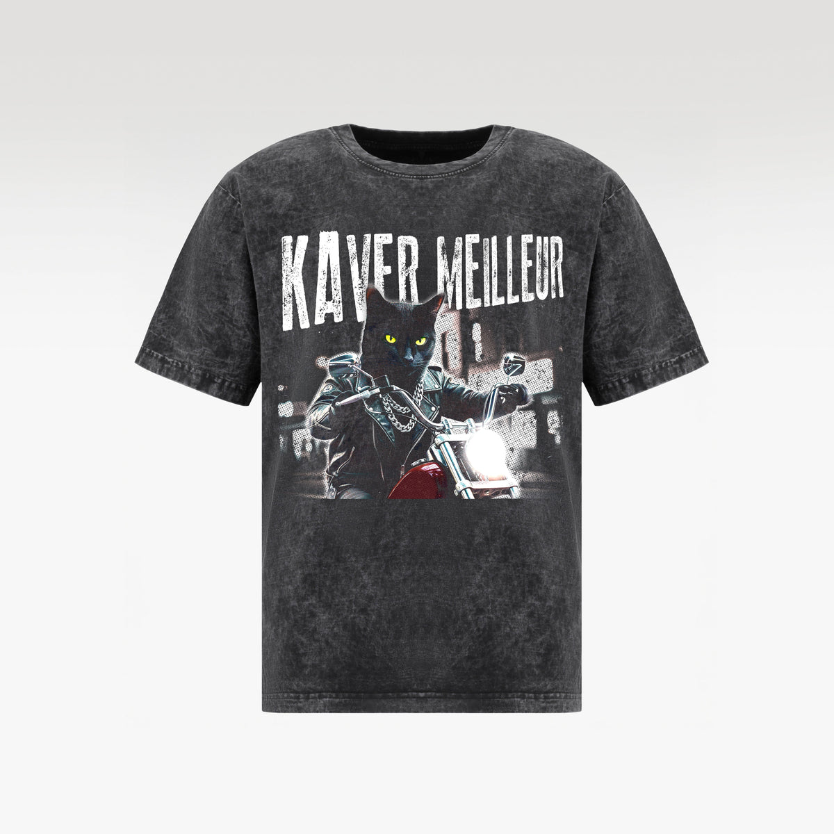 NIGHT RIDER CAT WASH T- SHIRT | Vintage Acid Wash Graphic Tee - Gothic Boxy Fit Streetwear Shirt