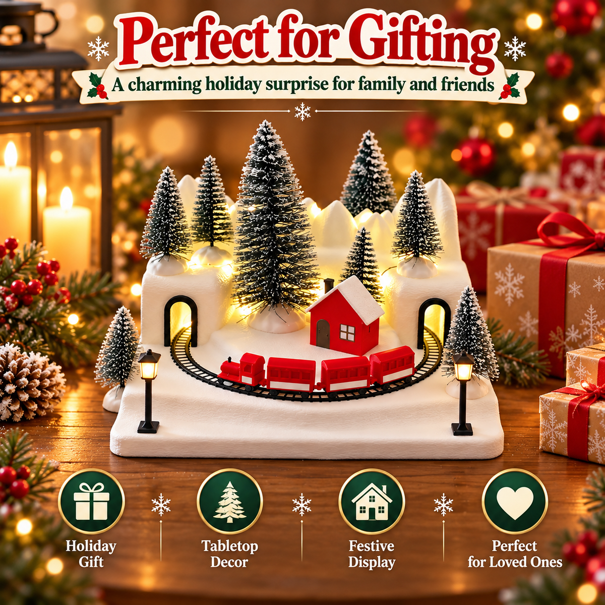 Snowy Christmas Village Train Diorama – 3D Printed Winter Wonderland Decoration