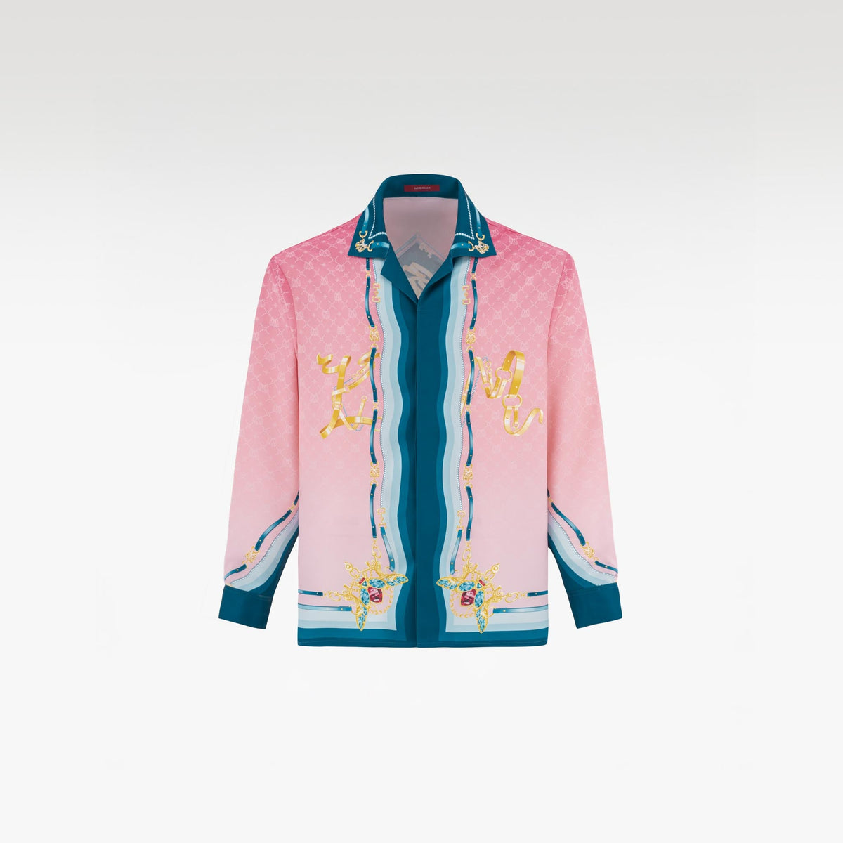 The Fancy Duke Long-Sleeve Silk Shirt | Decadent Printed Silk Taffeta Cuban Collar Jeweled Beetle