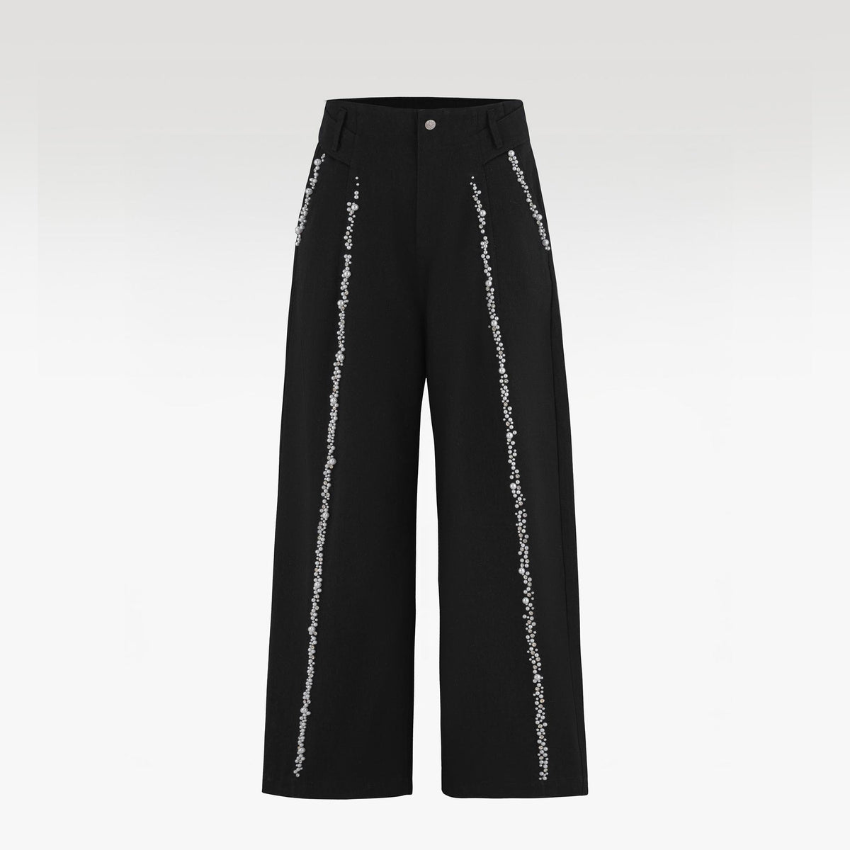 Midnight Glow Silk Trousers | Premium Black Silk Satin Pearl & Crystal Embellished