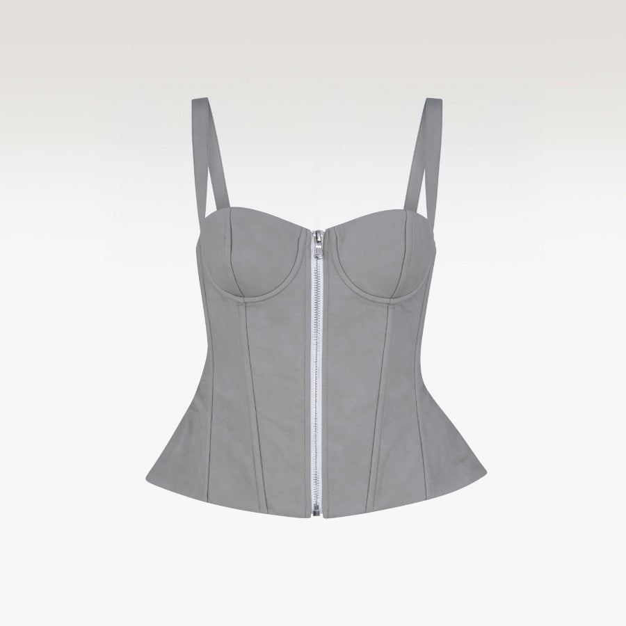 The Sovereign Peplum Corset | Premium Grey Faux Leather Structured Top