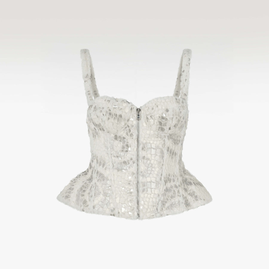Bouclé Chic Faux Fur Corset | Premium Sequin-Embellished Luxury Peplum Top