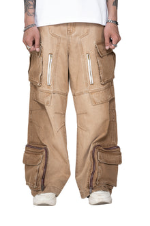 Dune Multi Zip Cargo Pants | Heavyweight Wide Leg Denim - Vintage Sand Wash Earth Tone Streetwear