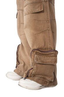 Dune Multi Zip Cargo Pants | Heavyweight Wide Leg Denim - Vintage Sand Wash Earth Tone Streetwear