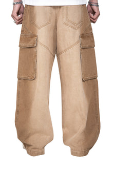 Dune Tact Zip Cargo Pants | Tactical Multi-Pocket Wide Leg Denim - Vintage Sand Wash Earth Tone Techwear