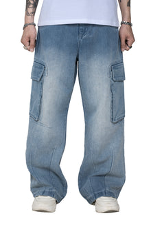 Fade Flow Cargo Pants | Streamlined Wide Leg Denim - Vintage Indigo Fade Minimalist Streetwear