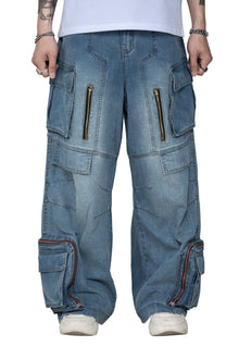 Fade Multi Zip Cargo Pants | Heavyweight Wide Leg Denim - Vintage Indigo Fade Multi-Pocket Streetwear