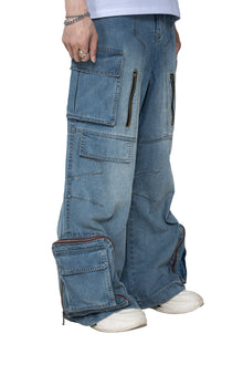 Fade Multi Zip Cargo Pants | Heavyweight Wide Leg Denim - Vintage Indigo Fade Multi-Pocket Streetwear