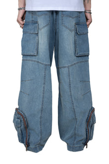 Fade Multi Zip Cargo Pants | Heavyweight Wide Leg Denim - Vintage Indigo Fade Multi-Pocket Streetwear