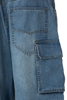 Fade Multi Zip Cargo Pants | Heavyweight Wide Leg Denim - Vintage Indigo Fade Multi-Pocket Streetwear
