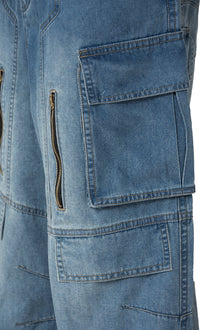 Fade Multi Zip Cargo Pants | Heavyweight Wide Leg Denim - Vintage Indigo Fade Multi-Pocket Streetwear