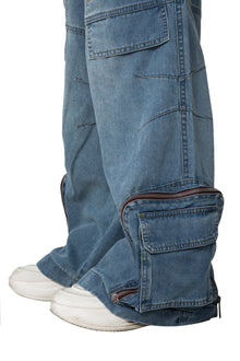 Fade Multi Zip Cargo Pants | Heavyweight Wide Leg Denim - Vintage Indigo Fade Multi-Pocket Streetwear