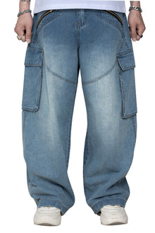 Fade Tact Zip Cargo Pants | Tactical Multi-Pocket Wide Leg Denim - Vintage Indigo Fade Urban Techwear