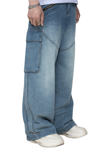 Fade Tact Zip Cargo Pants | Tactical Multi-Pocket Wide Leg Denim - Vintage Indigo Fade Urban Techwear