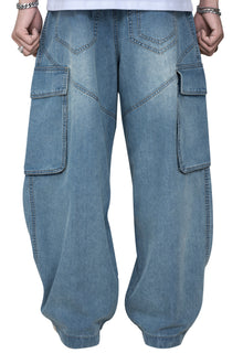 Fade Tact Zip Cargo Pants | Tactical Multi-Pocket Wide Leg Denim - Vintage Indigo Fade Urban Techwear