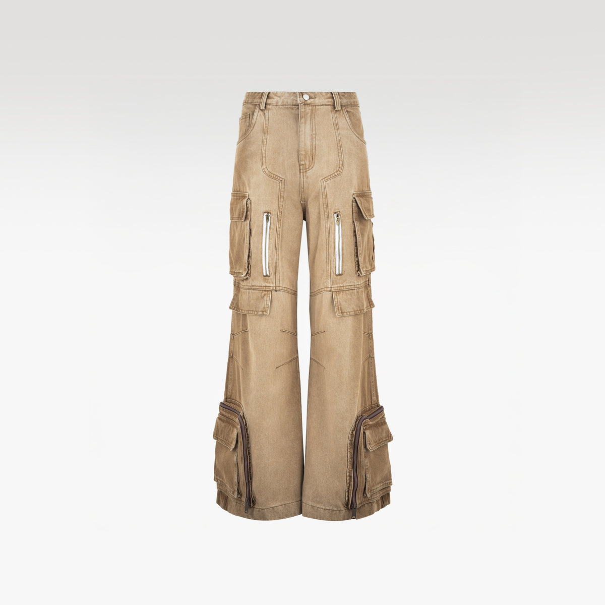 Dune Multi Zip Cargo Pants | Heavyweight Wide Leg Denim - Vintage Sand Wash Earth Tone Streetwear