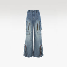 Fade Multi Zip Cargo Pants | Heavyweight Wide Leg Denim - Vintage Indigo Fade Multi-Pocket Streetwear