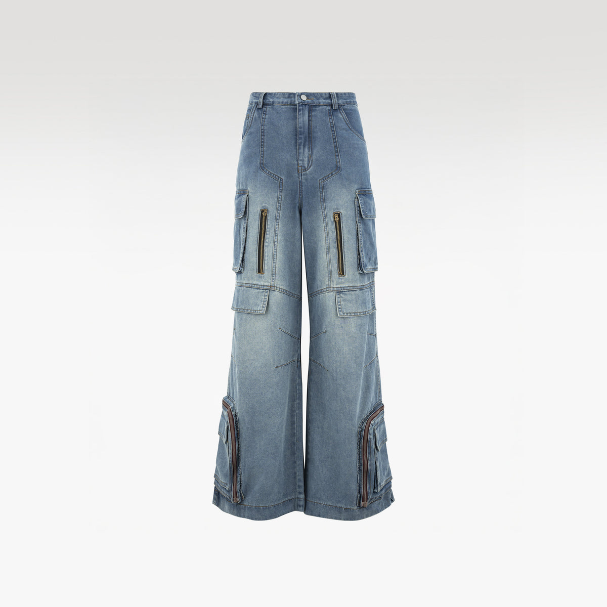 Fade Multi Zip Cargo Pants | Heavyweight Wide Leg Denim - Vintage Indigo Fade Multi-Pocket Streetwear