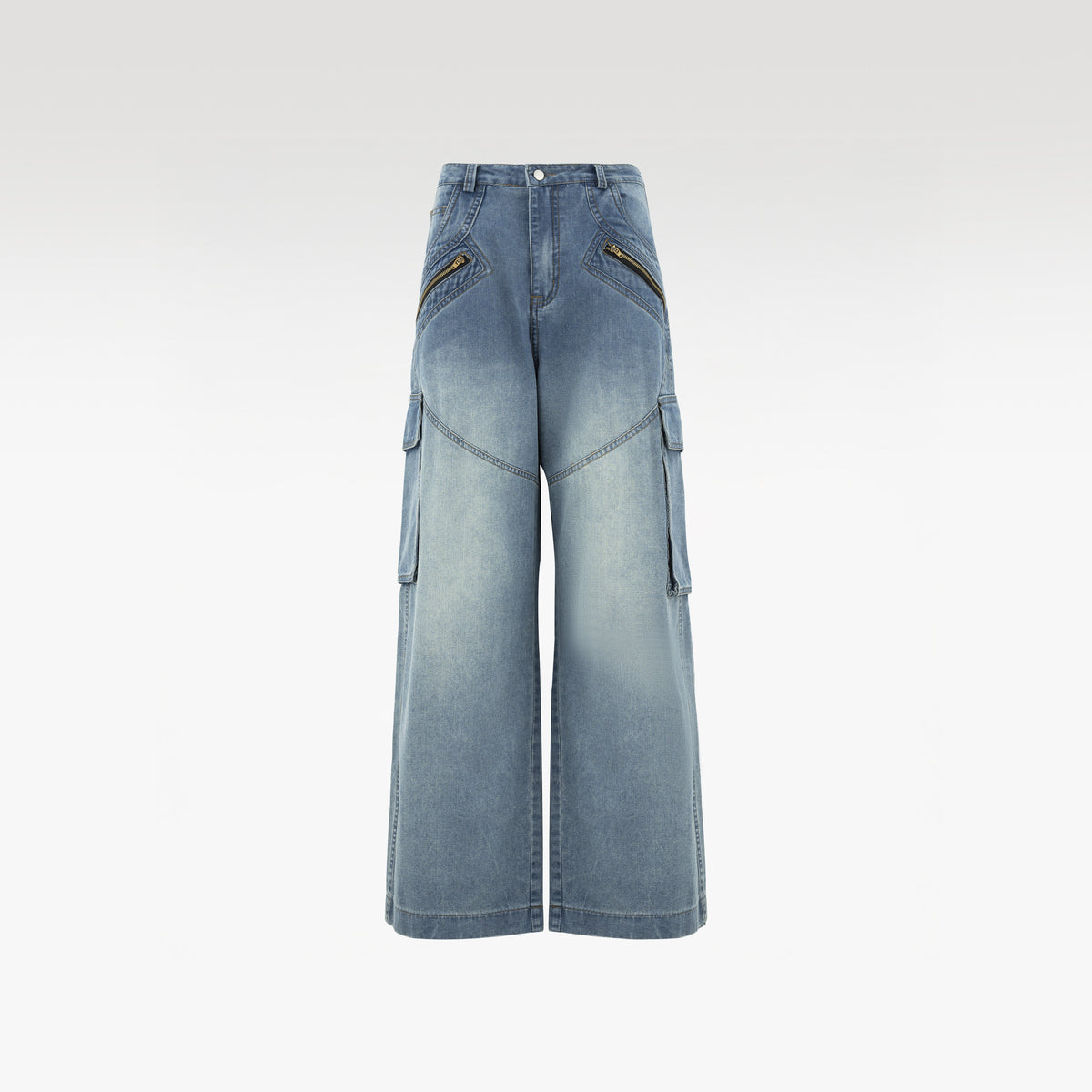 Fade Tact Zip Cargo Pants | Tactical Multi-Pocket Wide Leg Denim - Vintage Indigo Fade Urban Techwear