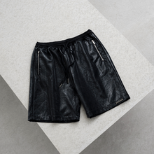 Cross Leather Shorts | Black Pythonskin Embossed Faux Leather Streetwear