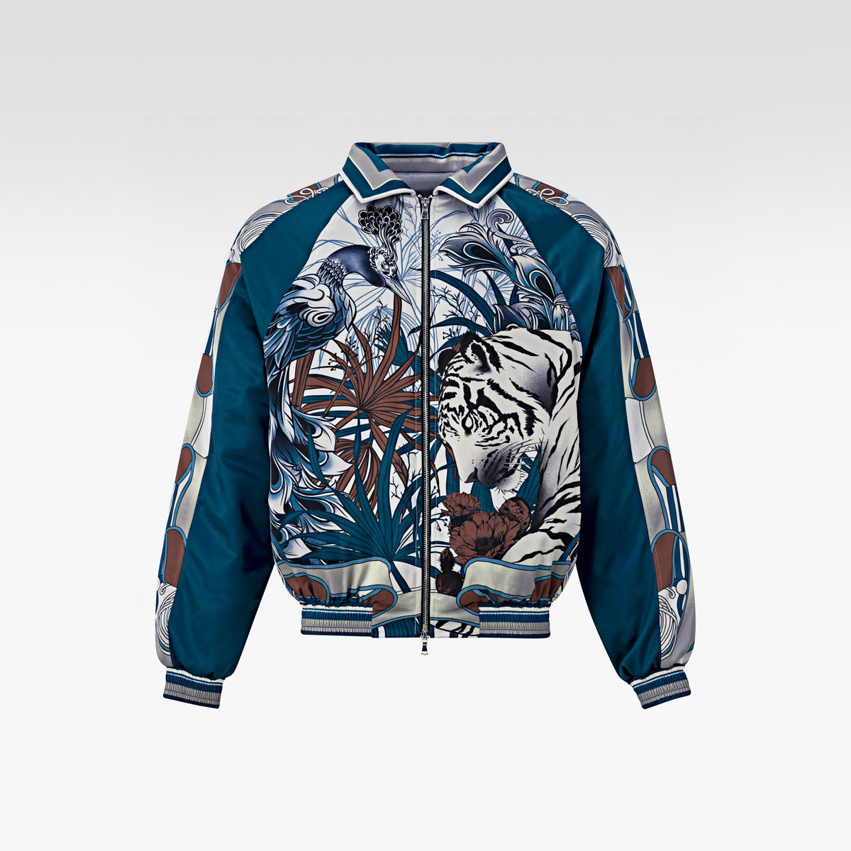 The Apex Safari Silk Bomber Jacket | Premium Satin Tropical Wildlife Print