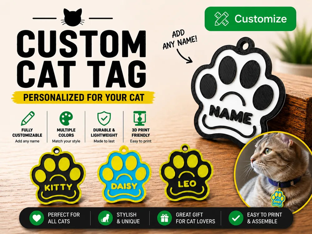 Personalized Cat Paw ID Tag – Custom Name 3D Printed Pet Collar Tag