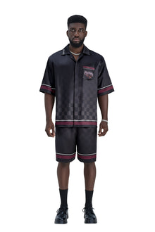 Lucky-K Silk Shorts | Printed Silk Relaxed Camp Collar Midnight Dice Checkerboard