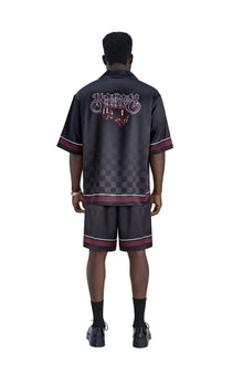 Lucky-K Silk Shorts | Printed Silk Relaxed Camp Collar Midnight Dice Checkerboard