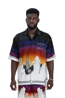 K City Silk Shirt | Printed Silk Camp Shirt Futuristic Cityscape