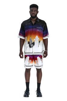 K City Silk Shirt | Printed Silk Camp Shirt Futuristic Cityscape