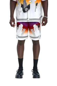 K City Silk Shorts | Premium Printed Silk Taffeta Futuristic Cityscape
