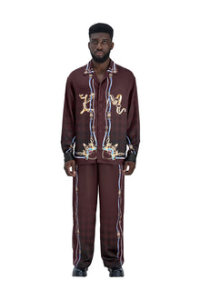 The Night Duke Long-Sleeve Silk Shirt | Designer Silk Taffeta Card Print Cuban Collar Shirt