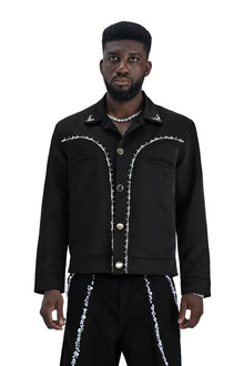 Midnight Glow Silk Jacket | Premium Black Silk Satin Pearl & Crystal Embellished