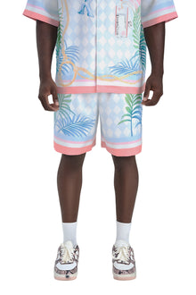 Miami Dice Silk Shorts | Premium Printed Taffeta Luxury Navy Blue Maximalist Tropical
