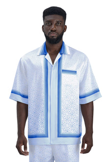 K Mania Blue Silk Shirt | Printed Silk Short-Sleeve Luxury Monogram Design