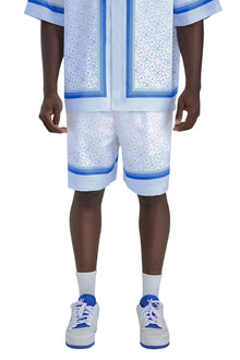 K Mania Blue Silk Shorts |  High-End Printed Silk Monogram Design
