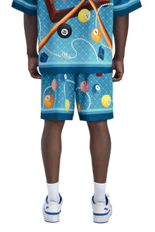 8Pools Blue Silk Shorts | Printed Silk Taffeta Relaxed Fit Nightlife Billiard Game