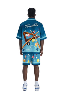 8Pools Blue Silk Shirt | Printed Silk Taffeta Cuban Collar Short Sleeve Nightlife Billiard Game