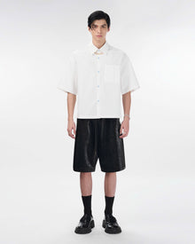 Cross Leather Shorts | Black Pythonskin Embossed Faux Leather Streetwear